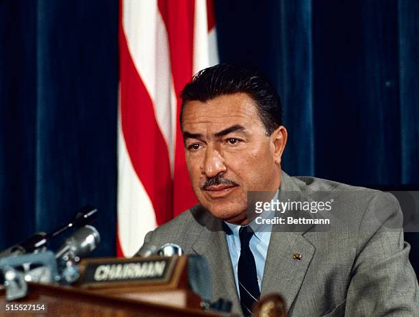 Rep. Adam Clayton Powell is shown during his press conference at the Capitol March 30. At the conference, Powell announced he will seek $7 billion...