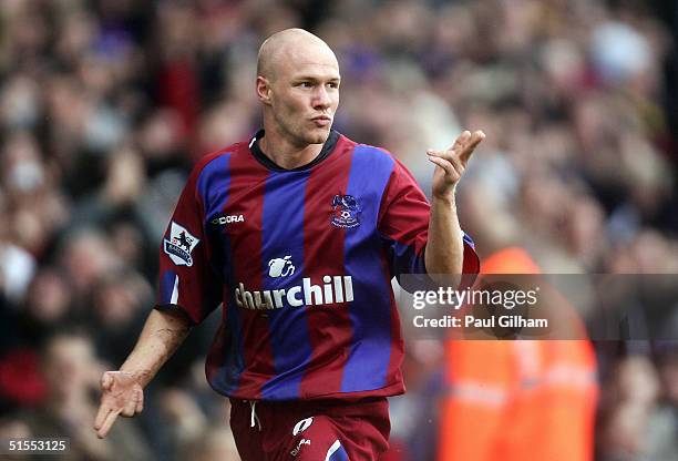 Andy Johnson of Crystal Palace celebrates scoring the second goal during the Barclays Premiership match between Crystal Palace and West Bromwich...