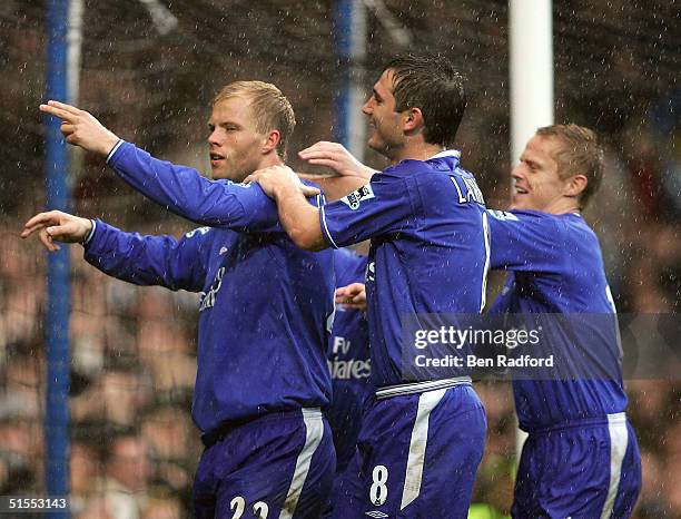 Eidur Gudjohnsen of Chelsea celebrates his hat trick with Frank Lampard, Joe Cole and Damien Duff during the Barclays Premiership match between...