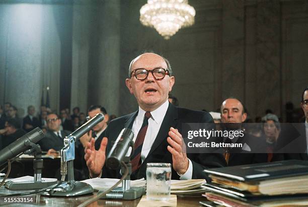 Washington, D.C.: Secretary of State Dean Rusk takes the witness stand before the Senate Foreign Relations committee, February 18th, to defend...