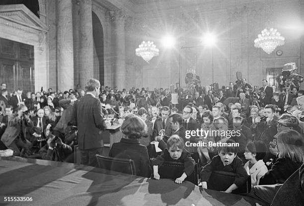 This is a scene in the crowded Senate Caucus Room as senator Robert F. Kennedy announced his candidacy for the Presidency of the United States....