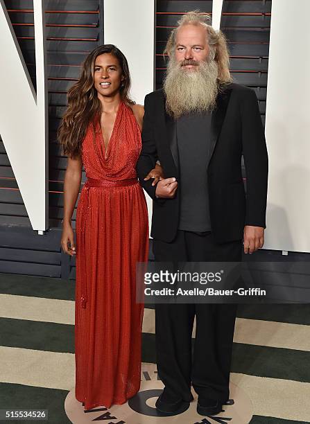 Actress Mourielle Herrera and music producer Rick Rubin arrive at the 2016 Vanity Fair Oscar Party Hosted By Graydon Carter at Wallis Annenberg...