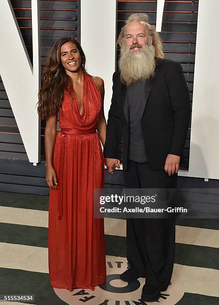 Actress Mourielle Herrera and music producer Rick Rubin arrive at the 2016 Vanity Fair Oscar Party Hosted By Graydon Carter at Wallis Annenberg...