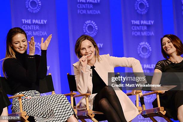 Actors Melissa Benoist, Calista Flockhart, and Chyler Leigh attend The Paley Center For Media's 33rd Annual PALEYFEST Los Angeles "Supergirl" at...