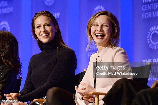 Actors Melissa Benoist and Calista Flockhart attend The Paley Center For Media's 33rd Annual PALEYFEST Los Angeles "Supergirl" at Dolby Theatre on...