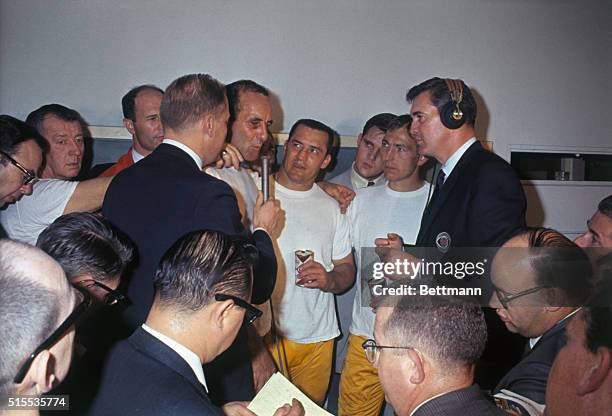 Three members of the Green Bay Packers football team speak to newsmen following their 35-10 win over the Kansas City Chiefs in the Super Bowl game....