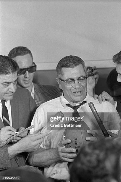 Vince Lombardi head coach of Green Bay Packers, shown being interviewed by newsmen after his team beat the Kansas City Chiefs in the Super Bowl.