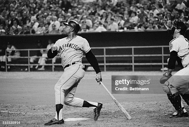 San Francisco Giants slugger Willie Mays watches the ball he just hit go over the left field fence at the Astrodome in Houston. The homer was May's...