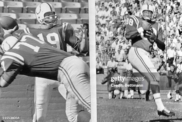 Colts quarterback John Unitas throws a pass complete to John Mackey for an 89 yard touchdown play in the first quarter 10/30 after they recovered a...