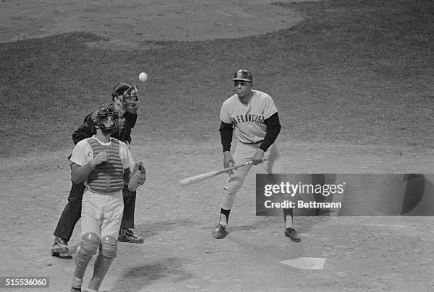 "That's a strike?" Giant's Willie Mays looks dumbfounded as Phillies catcher Bob Uecker prepares to recapture a Jim Bunning fast ball that squirted...