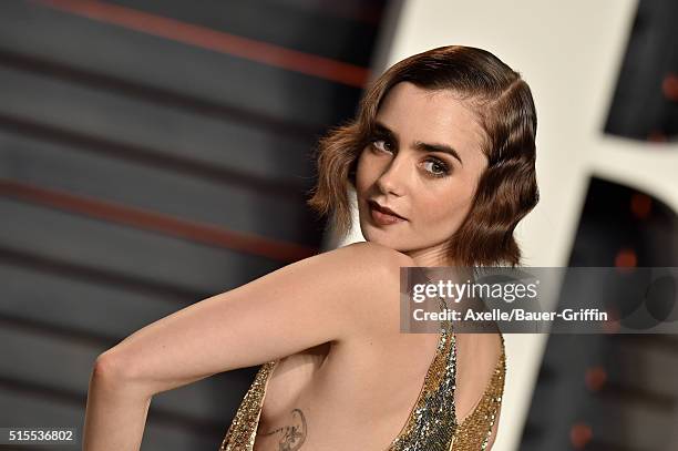 Actress Lily Collins arrives at the 2016 Vanity Fair Oscar Party Hosted By Graydon Carter at Wallis Annenberg Center for the Performing Arts on...