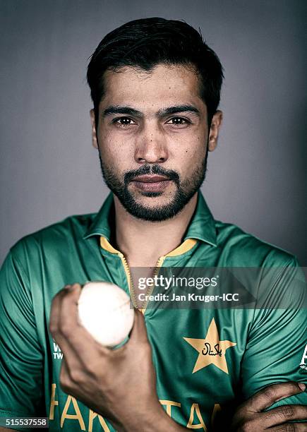 Mohammad Amir poses during a Pakistan headshots session on March 14, 2016 in Kolkata, India.