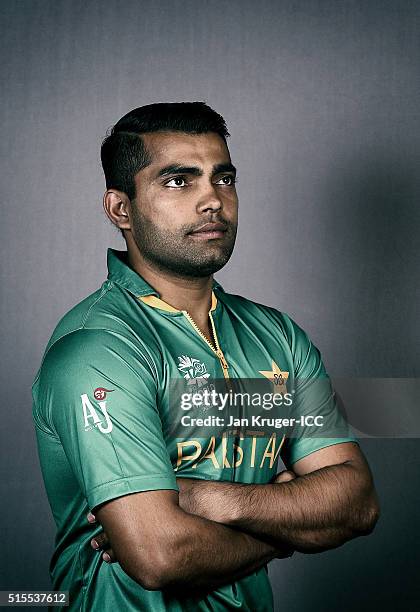 Umar Akmal poses during a Pakistan headshots session on March 14, 2016 in Kolkata, India.