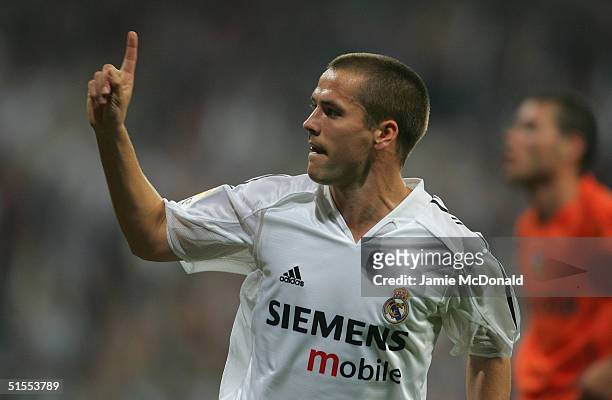 Michael Owen of Real Madrid celebrates his goal during the La Liga match between Real Madrid v Valencia at the Bernabau stadium on October 23, 2004...