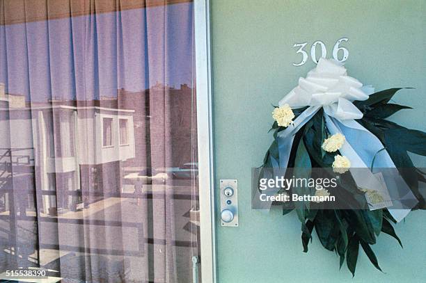 Wreath is attached to the outside door of Room of the Lorraine Motel which Dr. Martin Luther King occupied before he was fatally shot as he leaned...