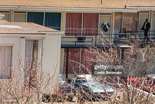 View of balcony on which Dr. Martin Luther King, Jr., was standing when fatally shot April 4th as he leaned over railing to talk to friends outside...