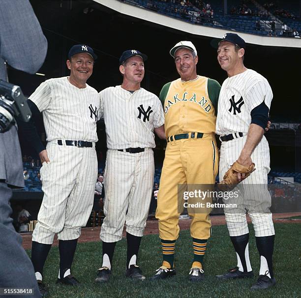 Mickey Mantle; Joe DiMaggio of the Oakland A's: White Ford & Manager Ralph Houk of the Yankees, prior to A's/ Yankees game.