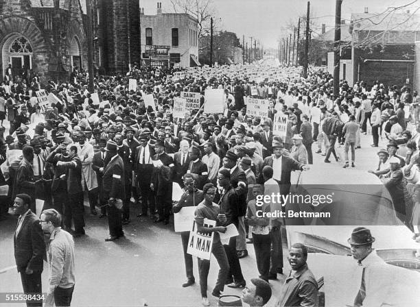 Thousands gather before the Clayborn Temple A.M.E. Church in Memphis March 28th before the start of a mass march led by Dr. Martin Luther King Jr....