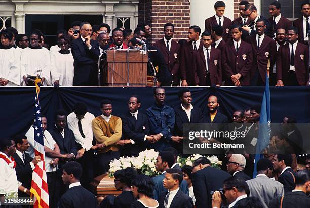 Atlanta, Georgia: Rev. Ralph Abernathy speaking at podium during outdoor Memorial Service for Dr. Martin Luther King, Jr., at at Morehouse College....