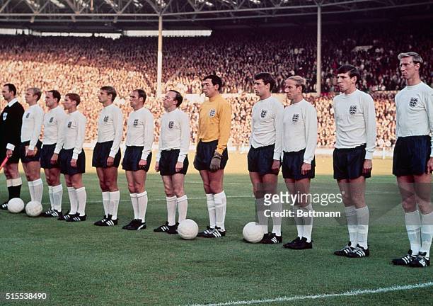 World Cup Semi Final, England Team: Left to right:B. Moore, Cohen, Hunt, Wilson, Stiles, Banks, Hurst, B. Charlton, Peters, J. Charlton.