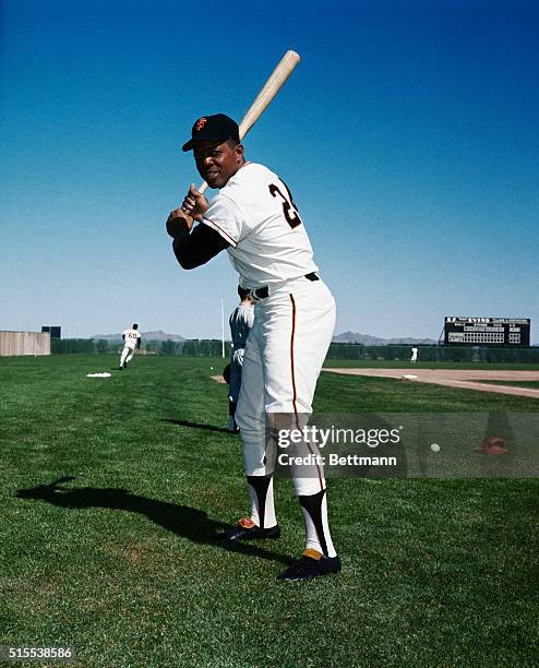 This photo shows Willie Mays of the San Francisco Giants batting at spring training camp in Arizona.