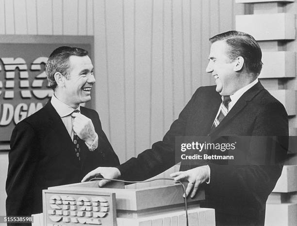 Johnny Carson makes a guest appearance on ed McMahon's daytime game show Snap Judgment TV show.