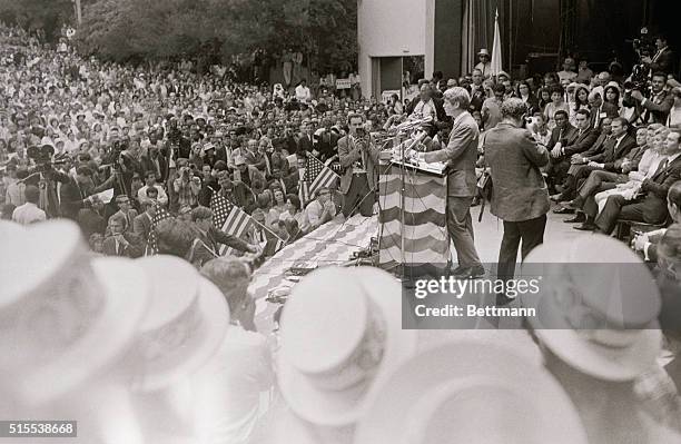 Senator Robert Kennedy, democratic presidential candidate, greets 4,500 persons that crowd into the Greek theater in Griffith Park. Kennedy spoke...