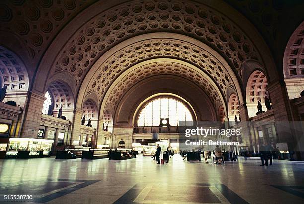 Union Station. East of North Capitol Street, facing Massachusetts Avenue, North East. Designed by D. H. Burnham and completed in 1907. Also interior...