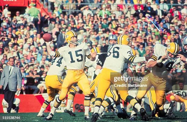 Miami, FL: Bart Starr of the Greenbay Packers is shown Passing the Ball during the 1968 Superbowl against the Oakland Raiders.