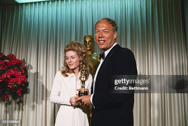 Academy Awards...Actor George Kennedy receives his Oscar nomination for Best Supporting Actor from presenter Patty Duke. Kennedy achieved the...