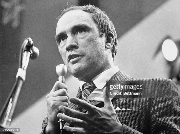 Ottawa, Ontario: Pierre Elliot Trudeau shown in recent file photo, Canada's bachelor Justice Minister took a wide first ballot lead at the rally of...