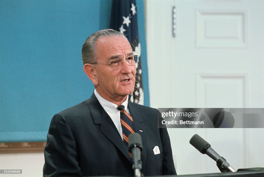 Lyndon B. Johnson at Microphone
