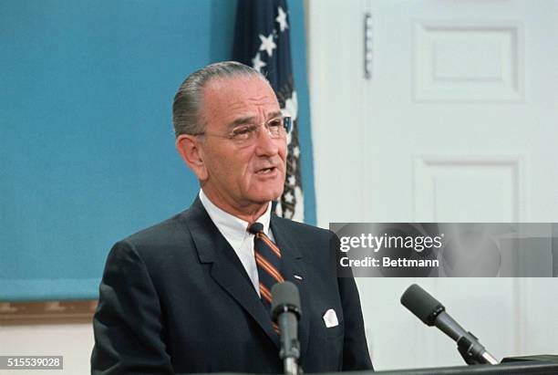 Washington, DC: Close up of President Lyndon Johnson during a brief television address to the nation April 4th, following the assassination of Dr....