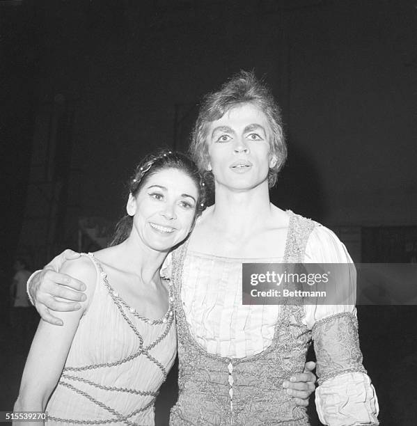 New York, New York- Dame Margot Fonteyn and Rudolph Nureyev, super stars of Great Britain's Royal Ballet, pause backstage following the opening night...