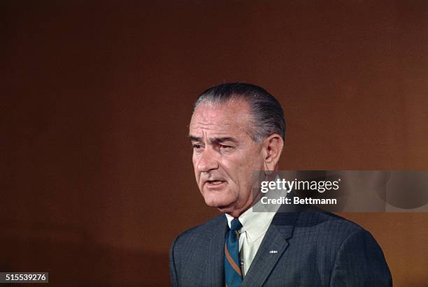 Scene in the East Room of the White House 5/3 during President Johnson's nationally televised and broadcast news conference in which he announced...