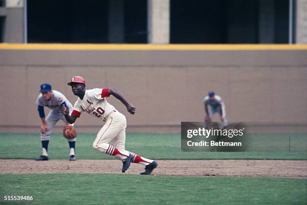 St. Louis: St. Louis Cardinals Lou Brock caught in a rundown after taking a big lead off 2nd base and New York Mets pitcher Dick Selma picked him...