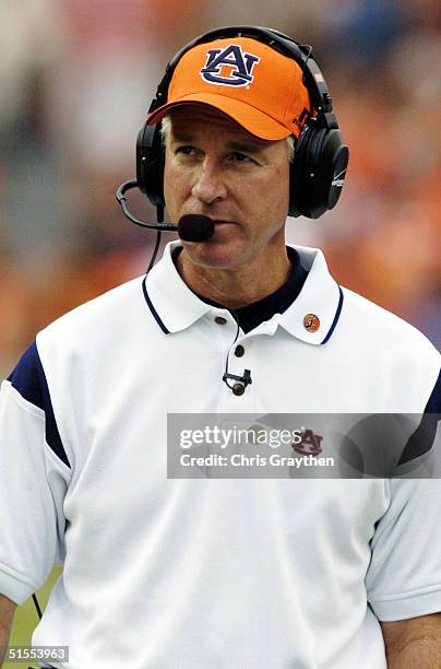 Head coach Tommy Tuberville of the Auburn Tigers watches a play against the Kentucky Wildcats on October 23, 2004 at Jordan-Hare stadium in Auburn,...