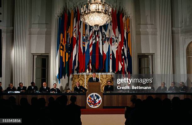 General views of the Organization of American States meeting as Dr. Galo Plaza Lasso of Ecuador speaks. He is the new OAS Chief.