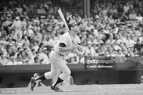 Mickey Mantle gives a homer in the sixth inning of the first game of twi-night here. In a twin bill against the Oakland A's. It was Mickey's 529th...