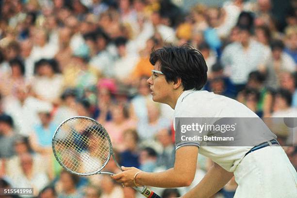 Billie Jean King of the USA in action during her 4-6, 7-5, 6-2 victory over Ann Jones of Britain in the semi finals of the ladies singles at...