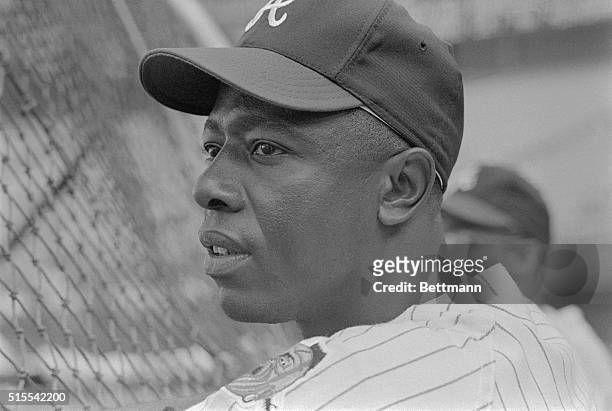 Hank Aaron, the right fielder for the Atlanta Braves, shown in this close up photograph, was named to the National League All Star team for the 16th...