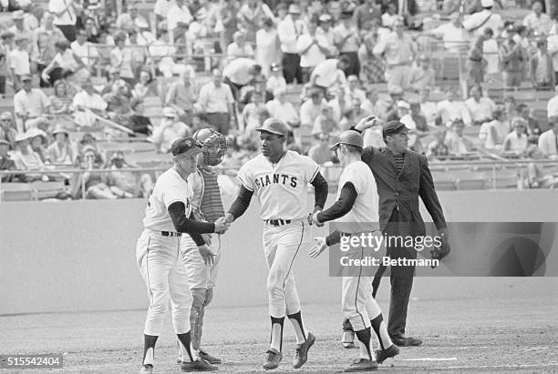 Bobby Bonds, San Francisco Giants, greeted at the plate by Dick Dietz and Hal Lanier after hitting a 3-run homer against Cincinnati Reds.