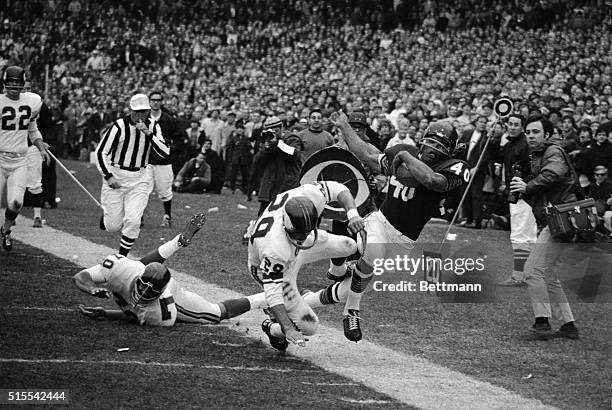 Bears' Gale Sayers is knocked out of bounds on the Viking 17-yard line by Minnesota's Karl Nassulke for a gain of 20-yards in the first quarter of...