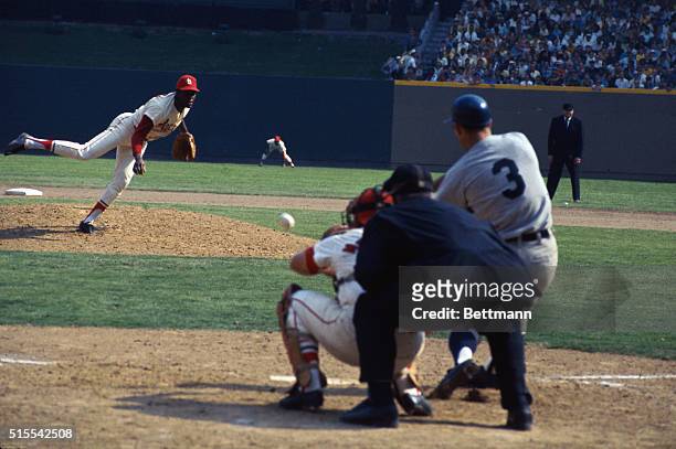 St. Louis cardinal pitcher Bob Gibson is seen here in action against the San Francisco Giants at Busch Stadium.