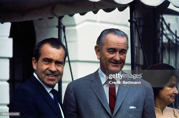 President Lyndon B. Johnson greets President-elect Richard M. Nixon as the latter arrived at the White House 11/11 for lunch and a meeting with the...