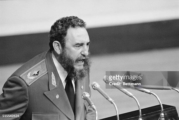 Fidel Castro speaking to the 2,000 members of the National Assembly celebrating his 20th year in power.