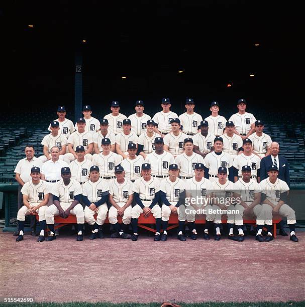 Detroit, Michigan: The 1968 American League pennant winning Detroit Tigers pose for team photo in Tiger Stadium. Front row L-R: Don Wert; Les Cain;...