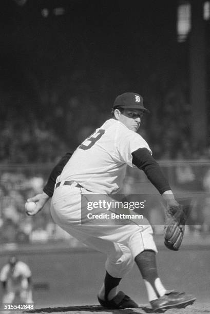 Tiger Stadium: Tiger pitcher Mickey Lolich rears back to fire against one of St. Louis Cardinals during 5th game of World Series. Tigers were...