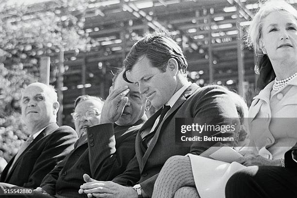 Washington: Supreme Court Justice Abe Fortas, controversial nominee to be Chief Justice, chats with Sen. Edward Kennedy, , during "topping out"...