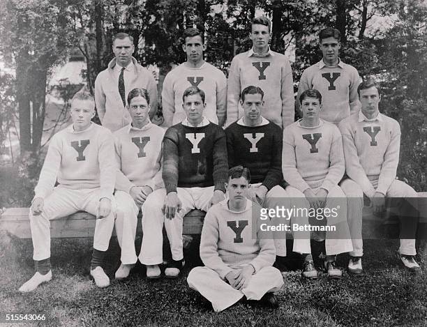 Yale crew 1924 at Gales Ferry- Seated Alfred Lindley, Alfred Wilson, Captain, James Rockefeller, Lester Miller, Frederich Sheffield, Leonard...